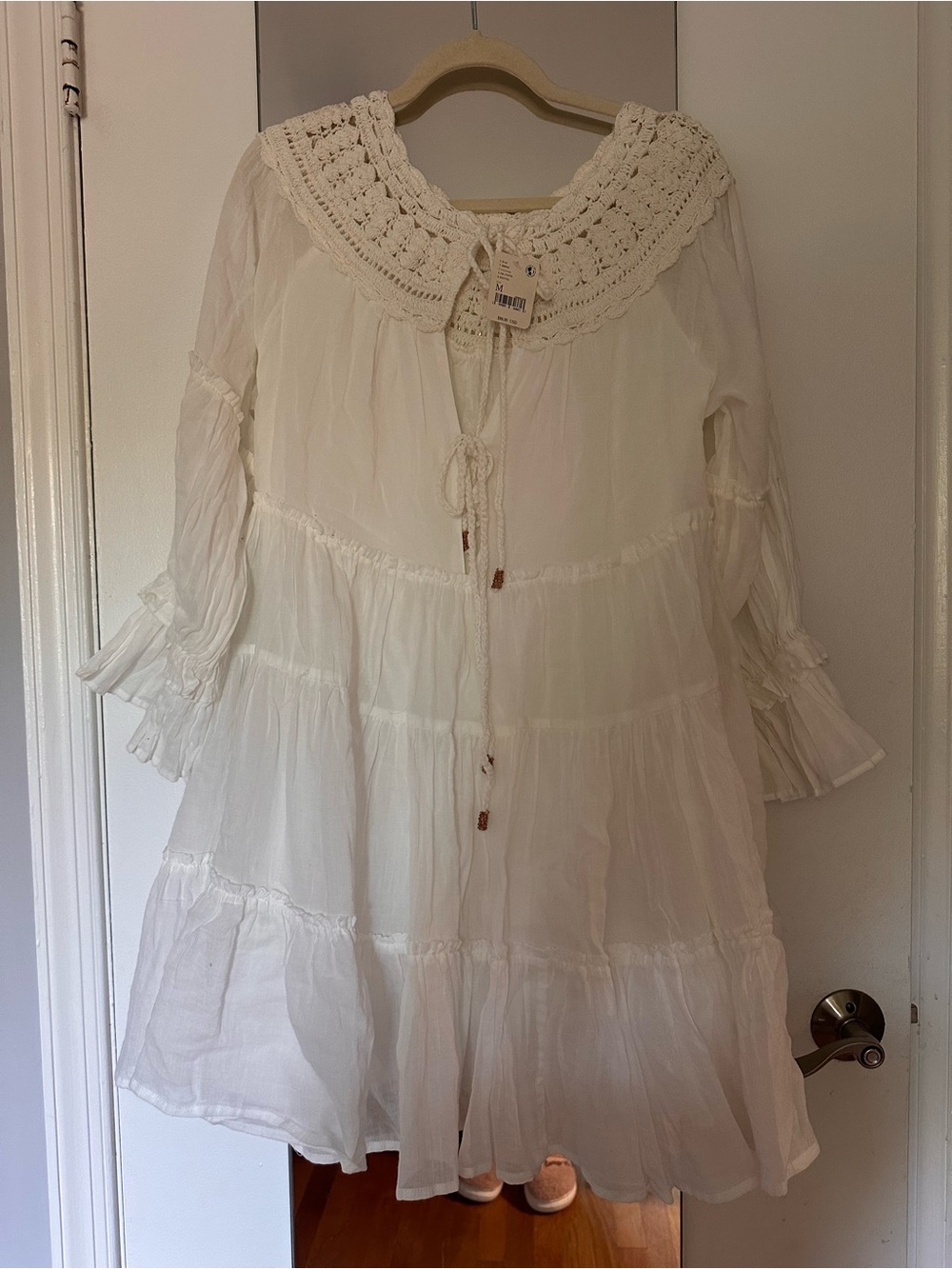 Free People Cream Crochet-Yoke Tiered Boho Dress